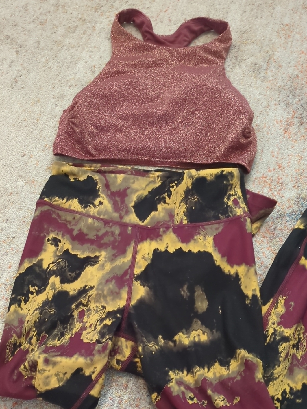 Glittery Maroon Racerback Sports Bra with Maroon/Black/Gold Printed Leggings Set